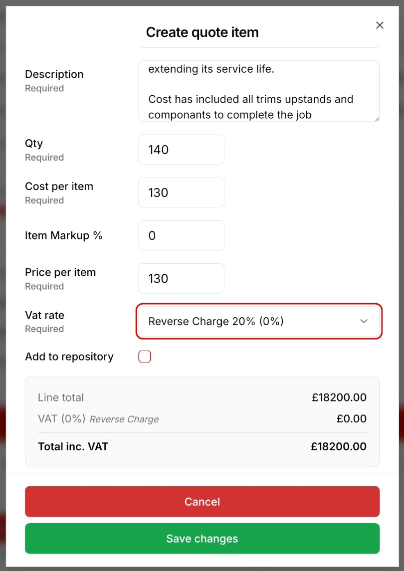 Create quote item dialog with Domestic Reverse Charge VAT selected — line total £18,200 and VAT £0.00.