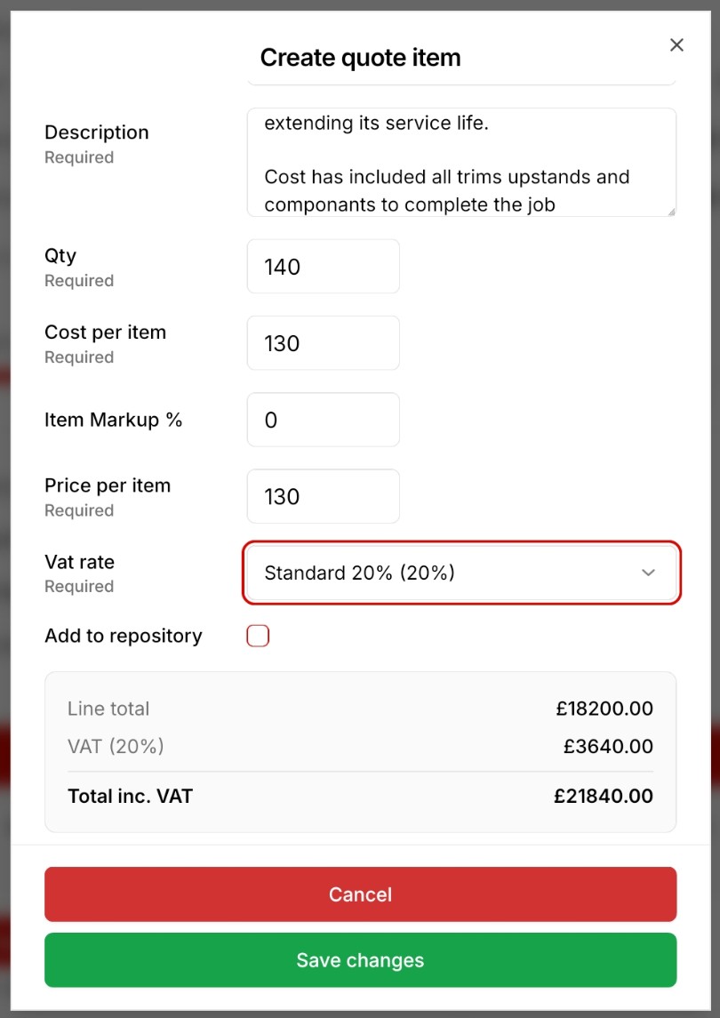 Create quote item dialog with Standard 20% VAT selected — line total £18,200 and VAT £3,640.