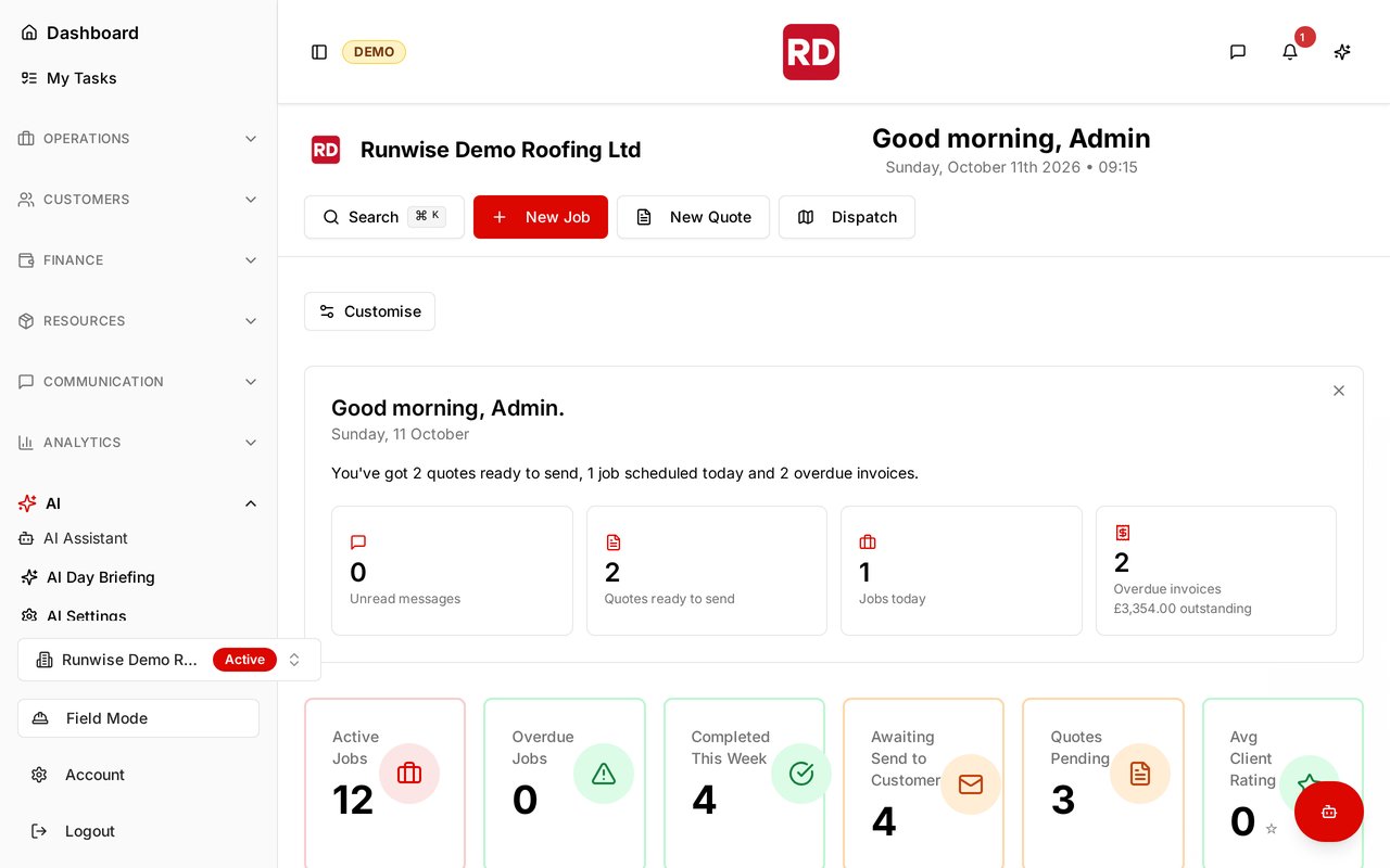 RunwiseOS dashboard showing the demo company’s quotes, jobs and outstanding invoices