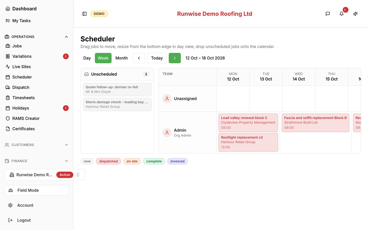 RunwiseOS weekly scheduler showing jobs assigned to the demo company’s team