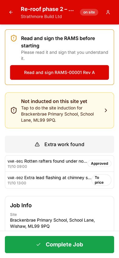RunwiseOS active job on a phone, with RAMS signing, site induction and extra work approvals